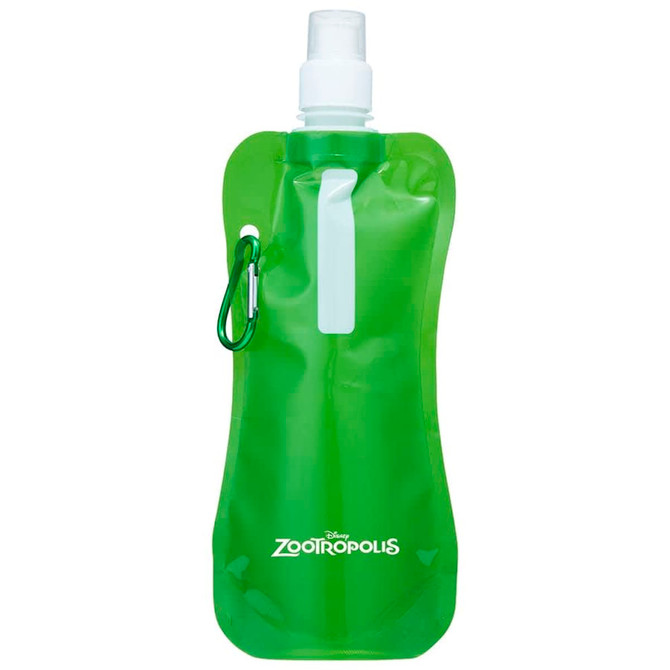 A drink bottle in a bright green colour, featuring a spray nozzle and a clip attachment, with a logo.