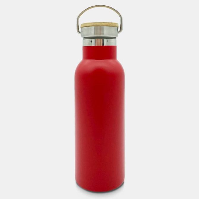 A drink bottle featuring a sleek red design with a stainless steel cap and a wooden handle.
