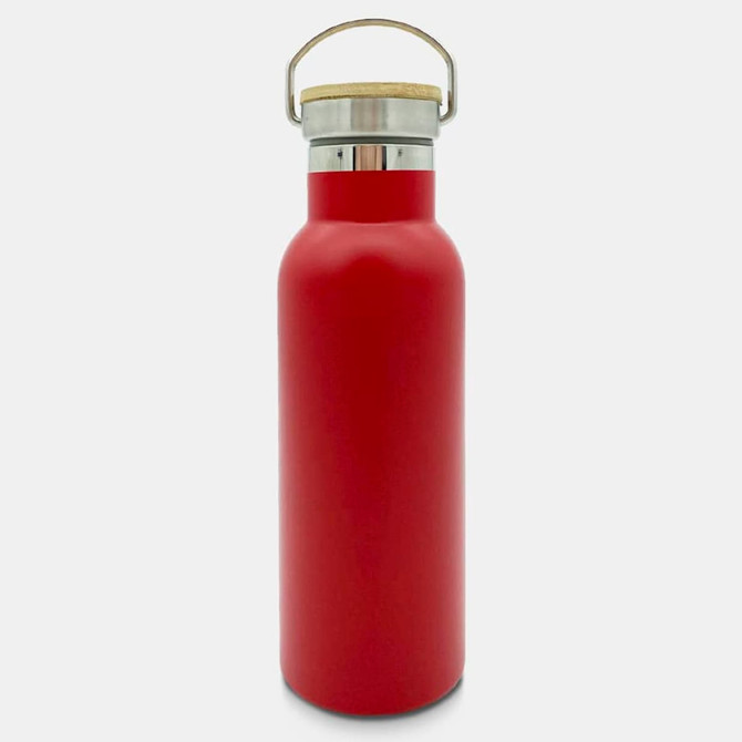A drink bottle featuring a sleek red design with a stainless steel cap and a wooden handle.