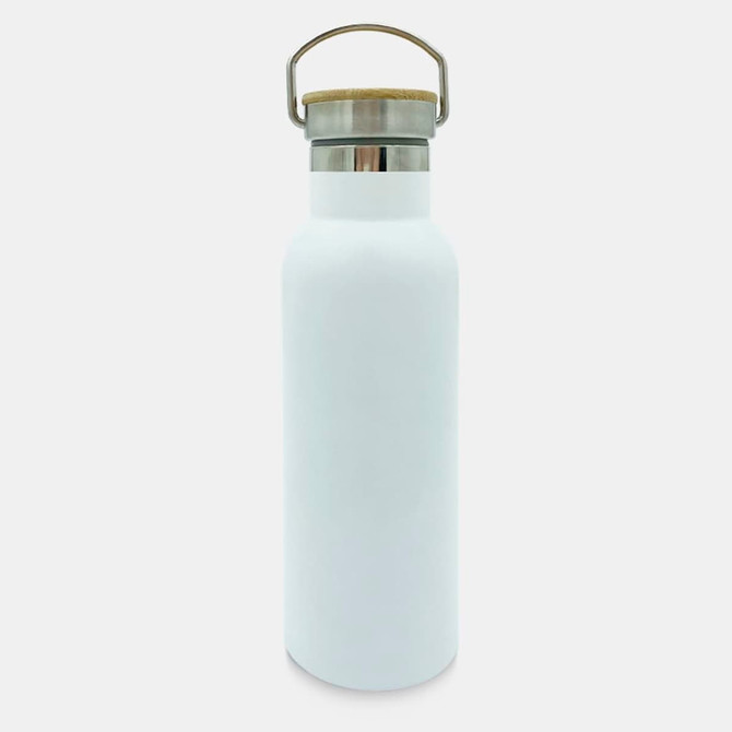 A drink bottle in white with a metal lid and wooden handle, featuring a logo on the front.