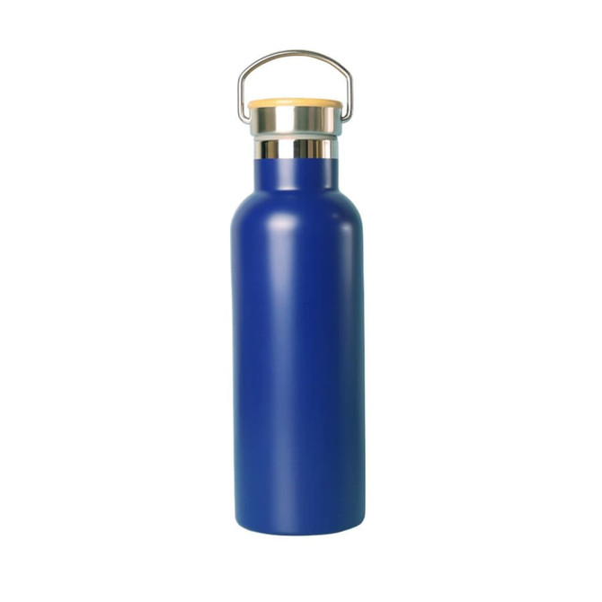 A drink bottle in a deep blue colour with a stainless steel lid and a handle. Features a logo on the body.