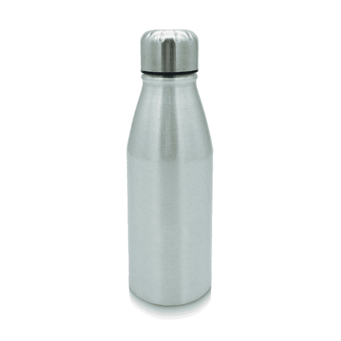 A drink bottle made of aluminium, featuring a sleek silver design and a stainless steel cap.