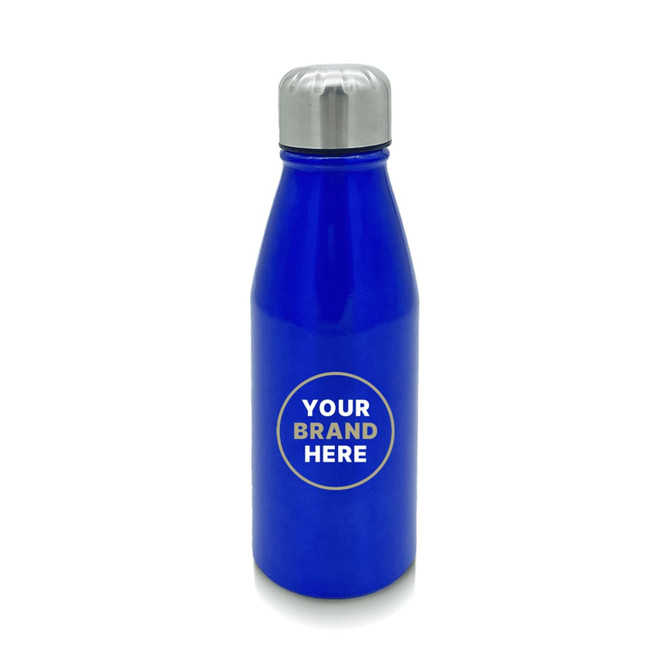 A drink bottle in vibrant blue with a stainless steel cap and a circular area for branding.