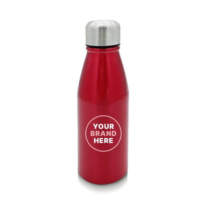 A drink bottle in a shiny red finish with a silver cap and a logo on the front.