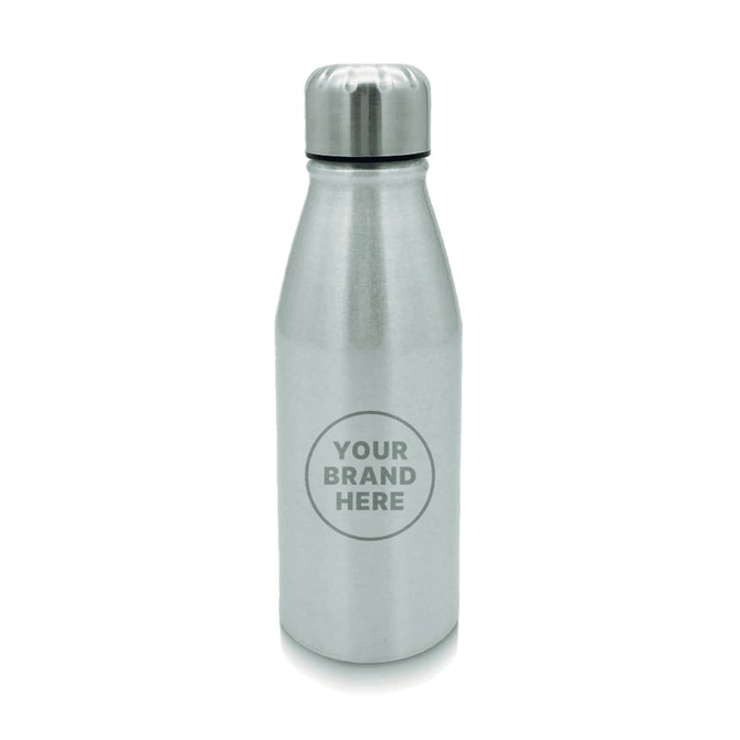 A drink bottle made of stainless steel with a silver finish and a logo on the front.