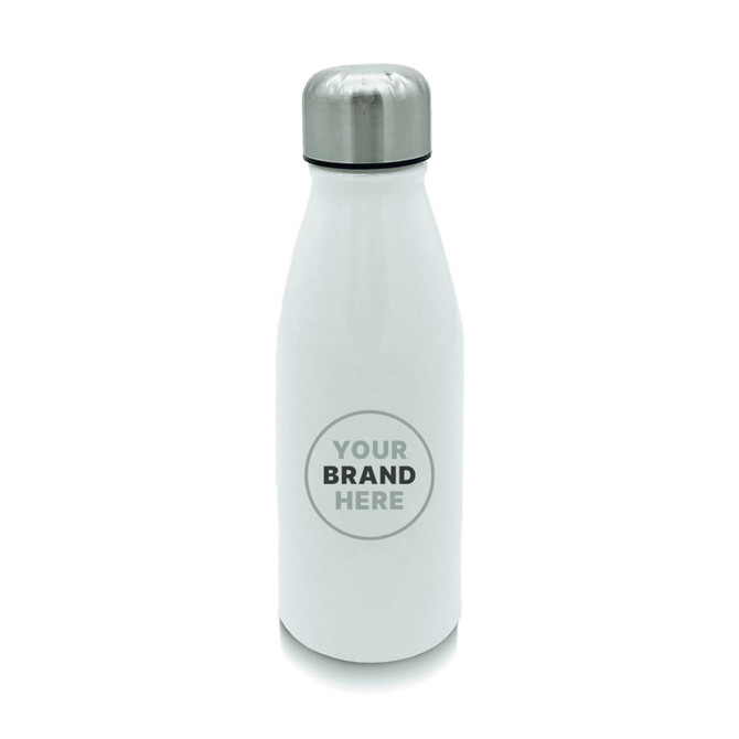 A drink bottle made of white aluminium with a silver lid and a logo area in the centre.