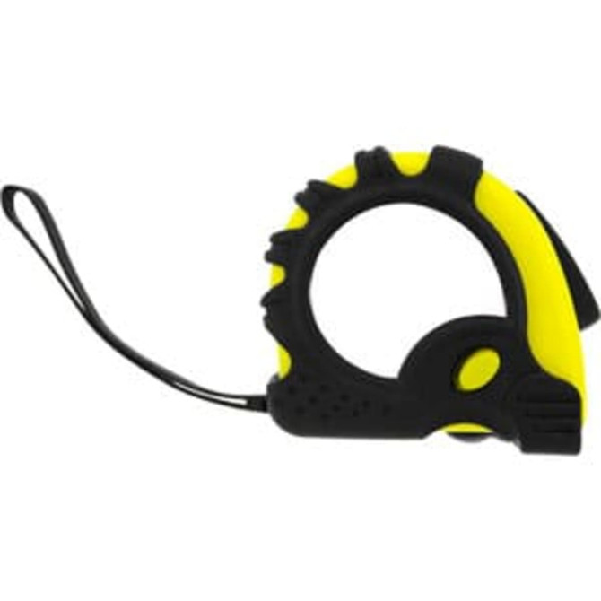 A measuring tape with a black and yellow casing, featuring a loop for easy handling and a branding logo.