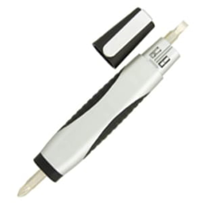 A silver and black multi-tool featuring a screwdriver and a removable cap, with a textured grip.