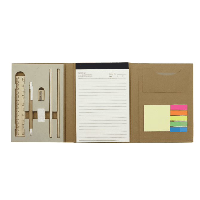 An A5 notepad in a kraft folder, featuring stationery items like a ruler, pencils, and sticky notes in various colours.