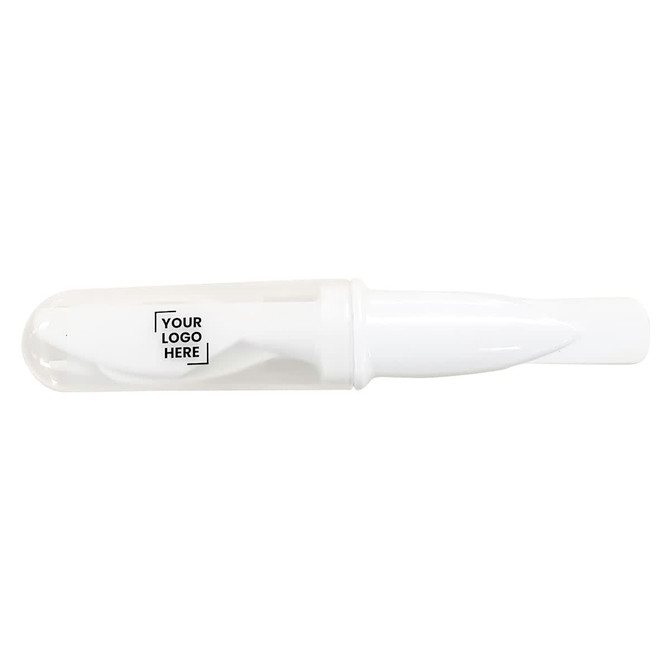 A white pen in a transparent casing, featuring a space for a logo.
