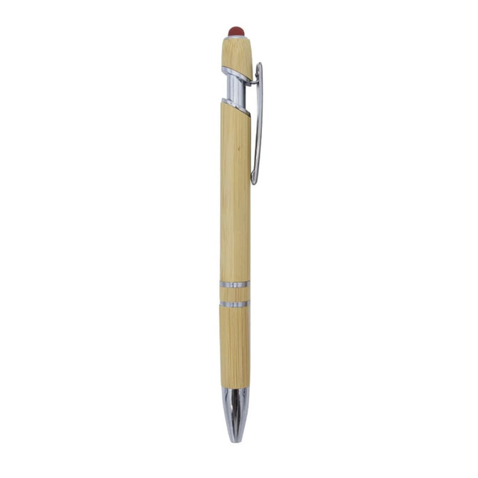 A bamboo stylus pen featuring a silver clip and tip, showcasing a sleek, natural finish.