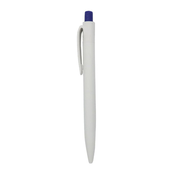 A plastic pen in white with a purple top and a clip, featuring a logo.