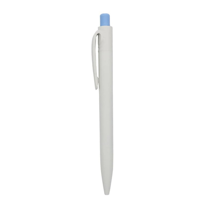 A white plastic pen with a light blue cap and a clip. The pen has a smooth, streamlined design.