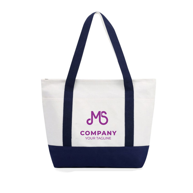 A large canvas tote bag in cream and navy, featuring a logo on the front and sturdy handles.