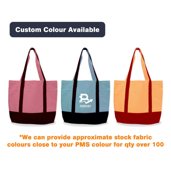Three large canvas tote bags displayed: one pink, one blue, and one orange, each with a dark base and a logo.