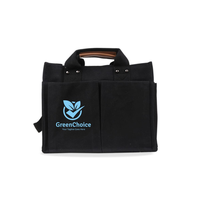 A black canvas tote bag with straps, featuring front pockets and a logo on the front.