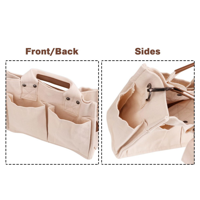 A cream canvas tote bag with straps, featuring multiple pockets on the front and sides, and a small logo.