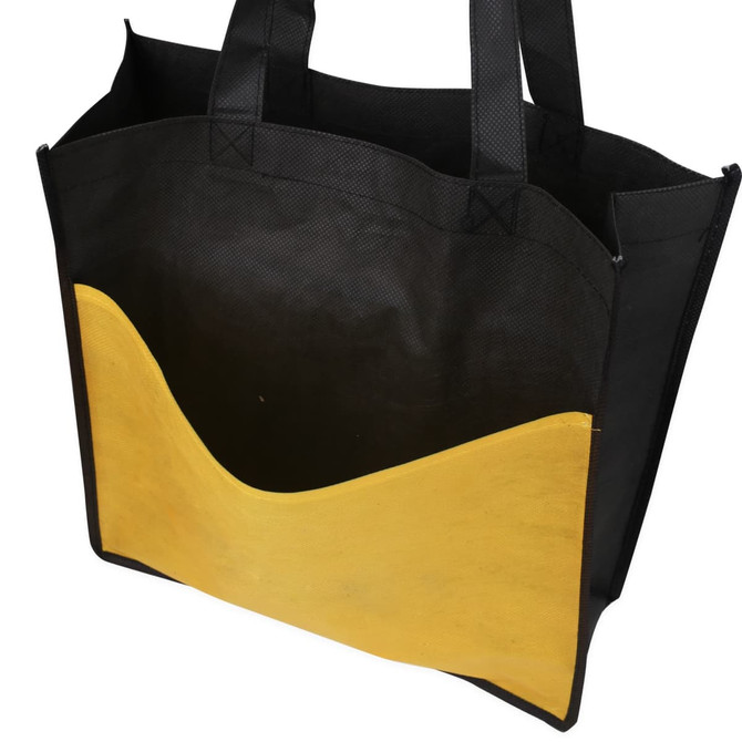 A non-woven tote bag in black with a yellow curved section and dual handles, featuring a logo.