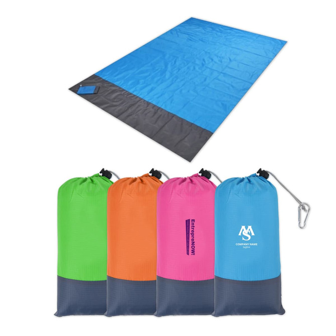 A large picnic blanket in blue with a grey underside, alongside four colourful pouches in green, pink, orange, and blue.