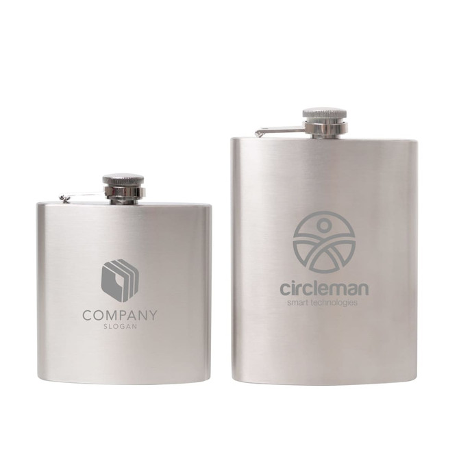 A stainless steel hip flask set in silver, featuring two sizes and distinct branding on each flask.