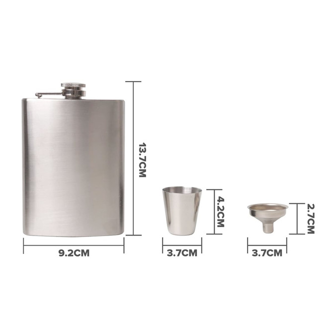 A stainless steel hip flask set featuring a flask, a drinking cup, and a funnel, all in silver.