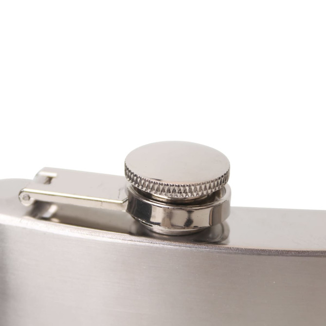 A stainless steel hip flask with a screw-on cap, featuring a polished silver finish. Includes a small branding logo.