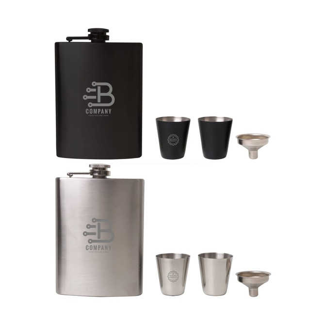 A stainless steel hip flask set in black and silver, including two cups and a funnel, with branding on the flask.