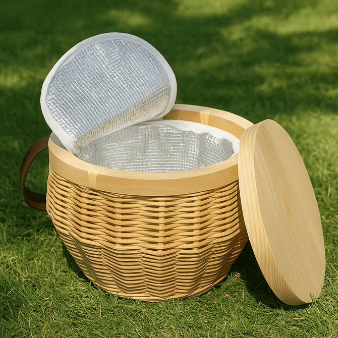 A wicker cooler basket in a natural tone with a pale lid, featuring a silver insulated interior.