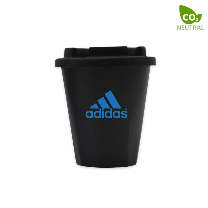 A black 350mL cup with a blue logo and a dark lid, featuring a branding logo.