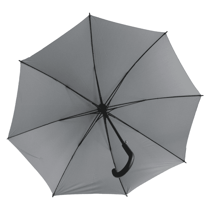A grey corporate umbrella with a black handle, featuring a simple design and a logo on the canopy.