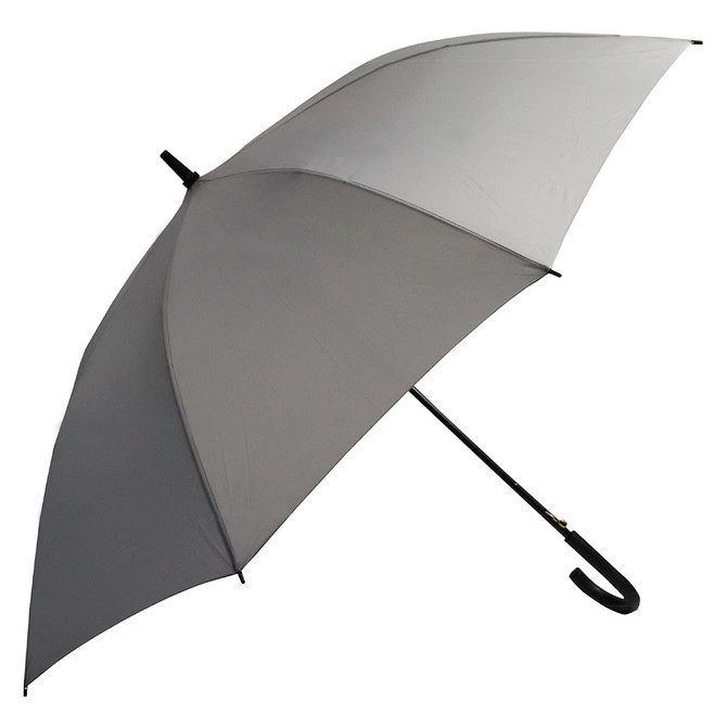 A grey umbrella with a curved black handle and a black frame, featuring a logo on the canopy.