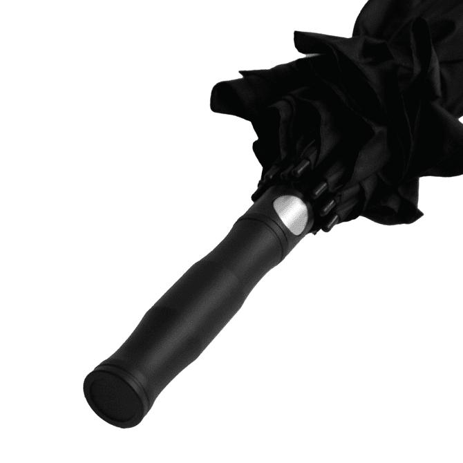 A black umbrella with a textured handle and a ruffled canopy, featuring a logo on the handle.
