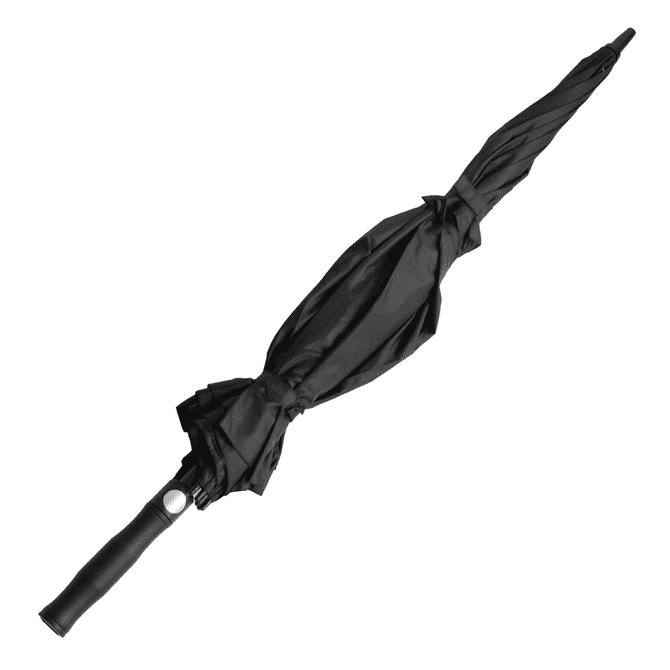A black umbrella with a sleek handle and a closed, compact design. It features a logo on the handle.