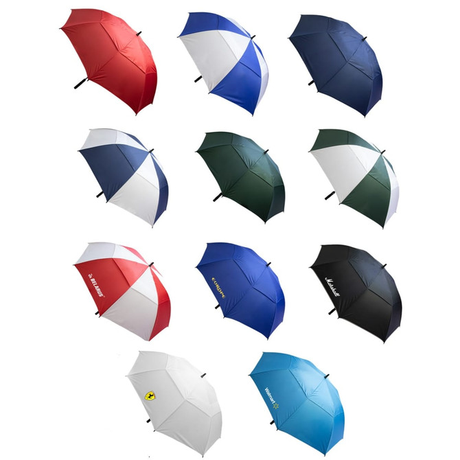 A collection of ten umbrellas in various colours, including red, blue, white, green, and black, some with logos.