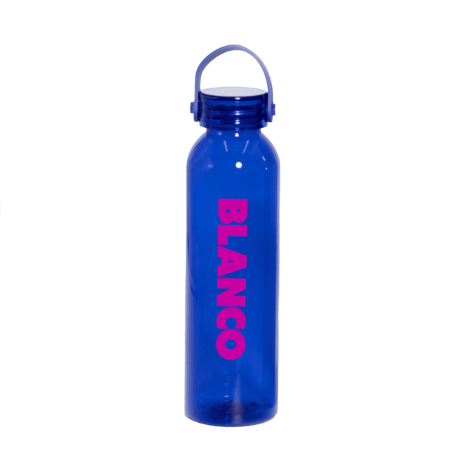A drink bottle in blue with a pink logo. It has a screw-top lid and a handle for easy carrying.