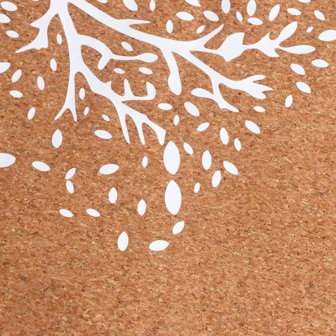 A close-up of a cork surface featuring a white tree branch design with leaves. The background is natural cork texture.