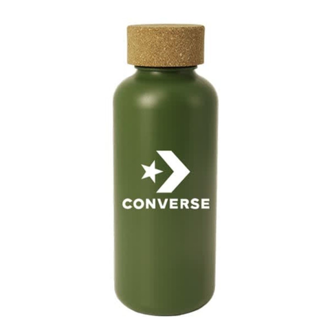 A drink bottle in olive green with a cork lid and a logo.