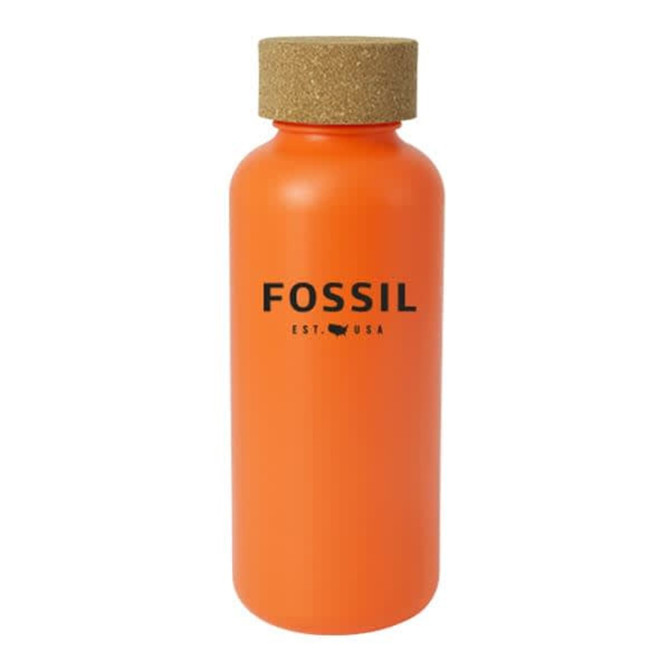 A drink bottle in bright orange with a cork lid and a logo on the front.