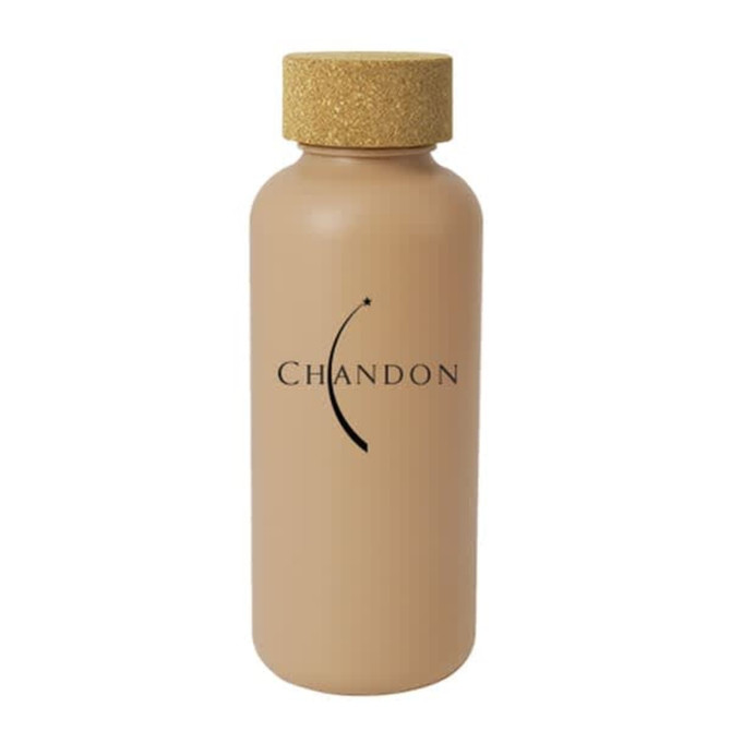 A drink bottle in a beige shade with a textured gold cap and a logo on the front.
