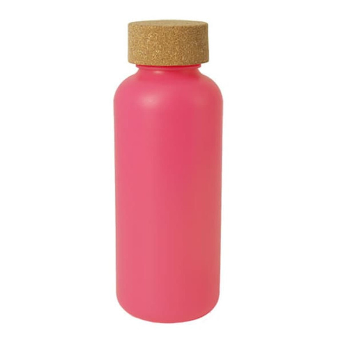 A drink bottle in bright pink with a cork lid and a simple contoured shape. It features a logo.