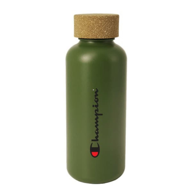 A drink bottle in olive green featuring a cork lid and a logo.
