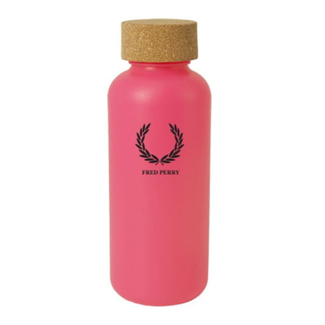 A pink drink bottle with a cork lid and a logo on the front.