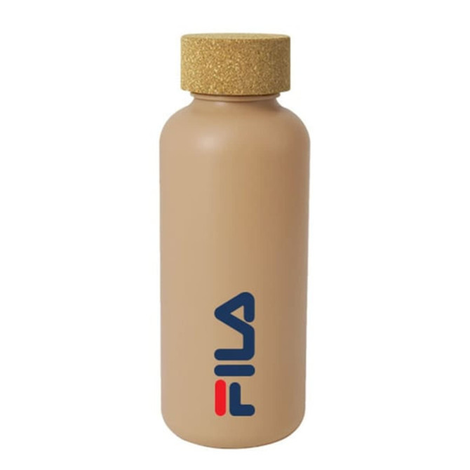 A drink bottle in a beige colour with a cork lid and a logo on the side.