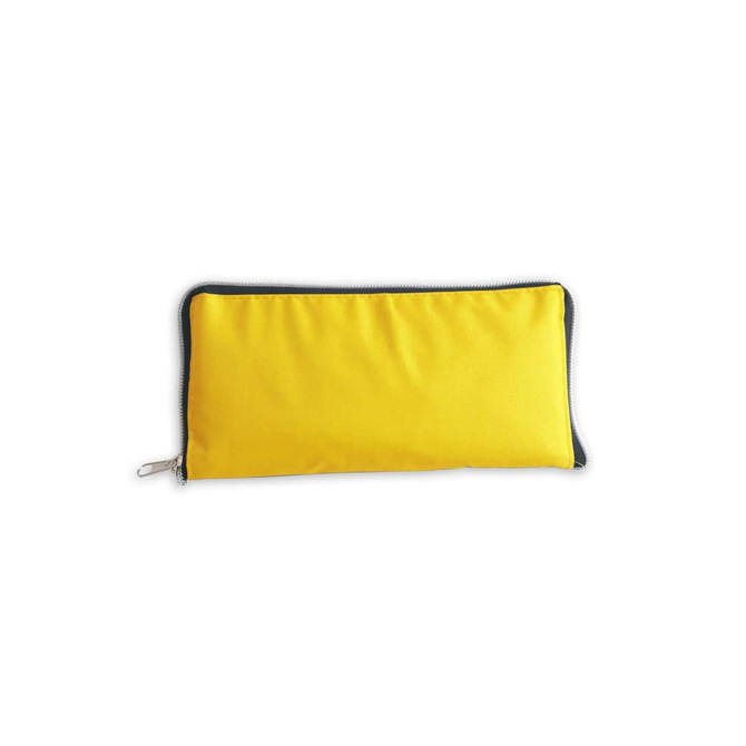 A yellow foldable tote bag with a black zip, featuring a simple and sleek design. The bag is neatly closed.