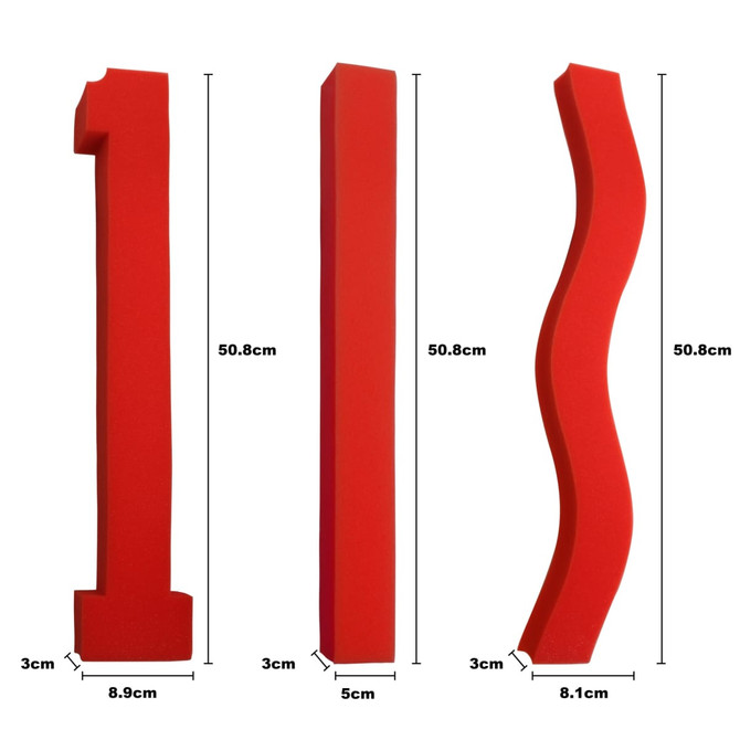 A set of three large red foam sticks in various shapes and sizes, featuring a straight, curved, and number one design.