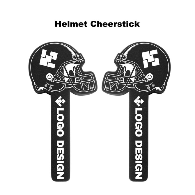 Black and white helmet-shaped cheer sticks with a logo design. Two sticks are mirrored in the image.