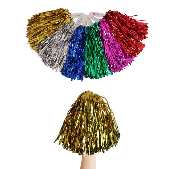 Cheerleading pom poms in various colours, including gold, silver, red, green, blue, and pink, with a hand holding a gold pom pom.