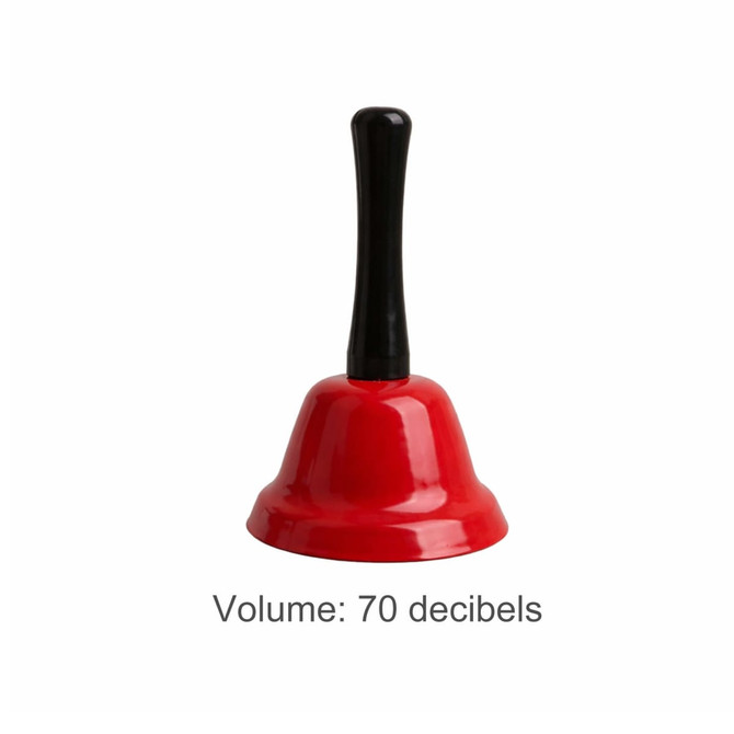 A red hand bell with a black handle, designed for use in events and exhibitions.