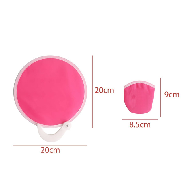 A pink foldable fan, with a diameter of 20cm when open and compact size of 9cm when folded, featuring a handle.