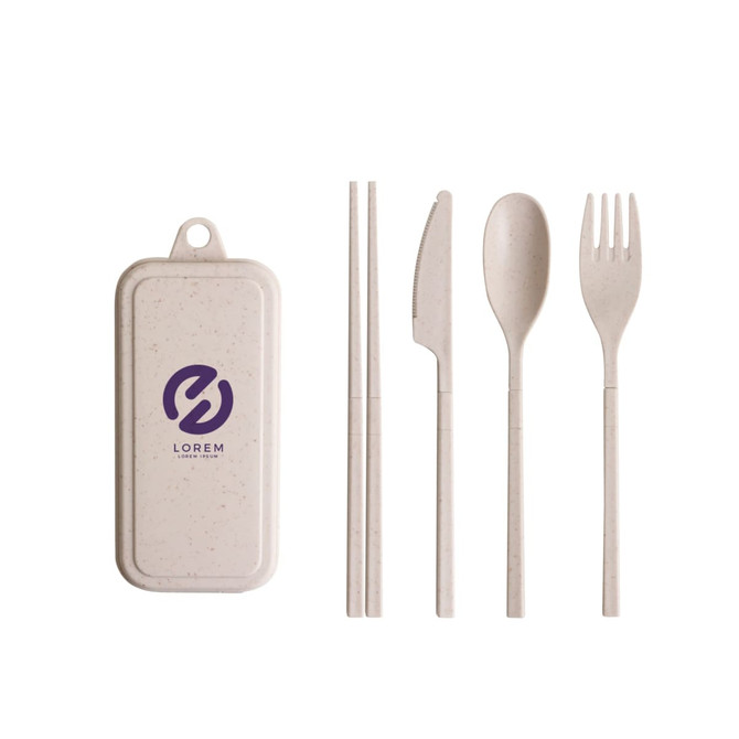 A travel utensil set featuring a storage case, fork, knife, spoon, and chopsticks in a light beige colour.